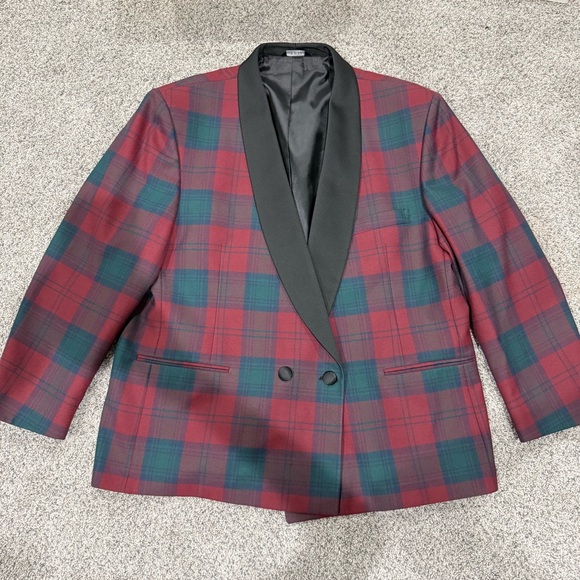 Perry Ellis America 44 Men’s Double Breasted Plaid Tuxedo Jacket Black Lapels